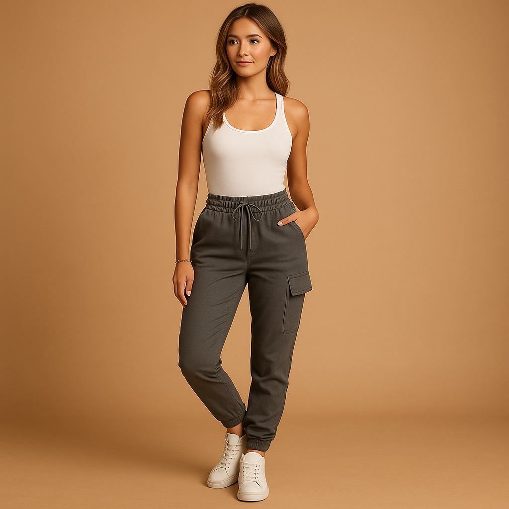 Women’s high-waisted slim cargo pants with stretch fabric and utility pockets, ideal for daily wear or semi-formal outfits.