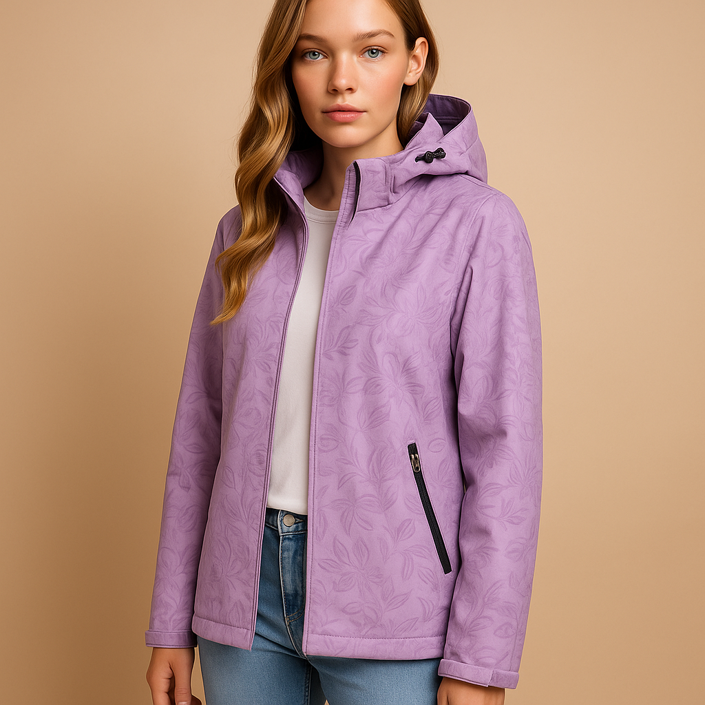 Lightweight hooded windbreaker jacket for women with zip-up front and relaxed fit, ideal for outdoor use and everyday layering.
