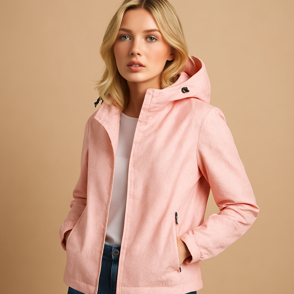 Lightweight hooded windbreaker jacket for women with zip-up front and relaxed fit, ideal for outdoor use and everyday layering.