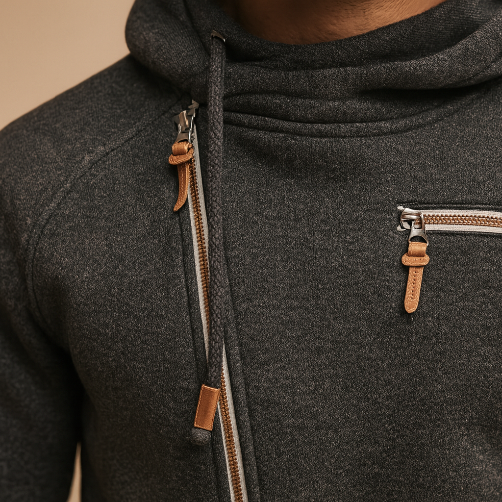 Hooded zip cardigan for men in soft fabric with pockets, perfect for autumn and winter casual or semi-formal outfits.