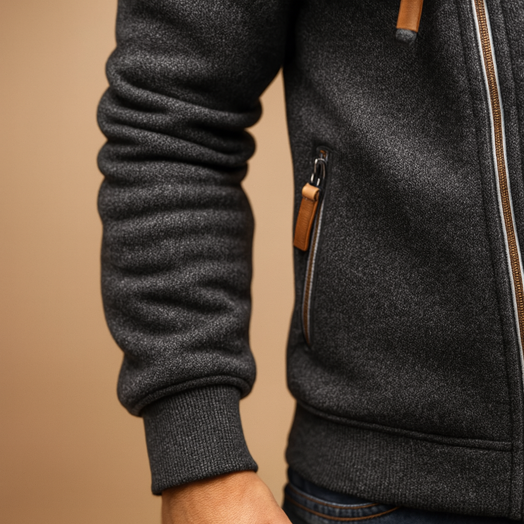 Hooded zip cardigan for men in soft fabric with pockets, perfect for autumn and winter casual or semi-formal outfits.