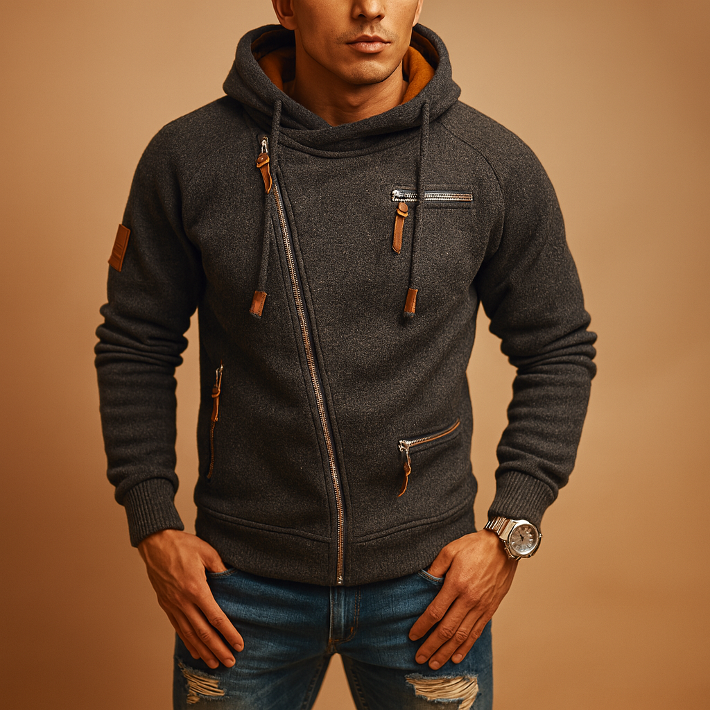 Hooded zip cardigan for men in soft fabric with pockets, perfect for autumn and winter casual or semi-formal outfits.