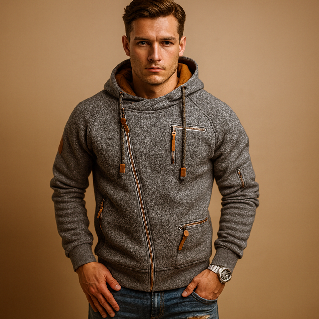Hooded zip cardigan for men in soft fabric with pockets, perfect for autumn and winter casual or semi-formal outfits.