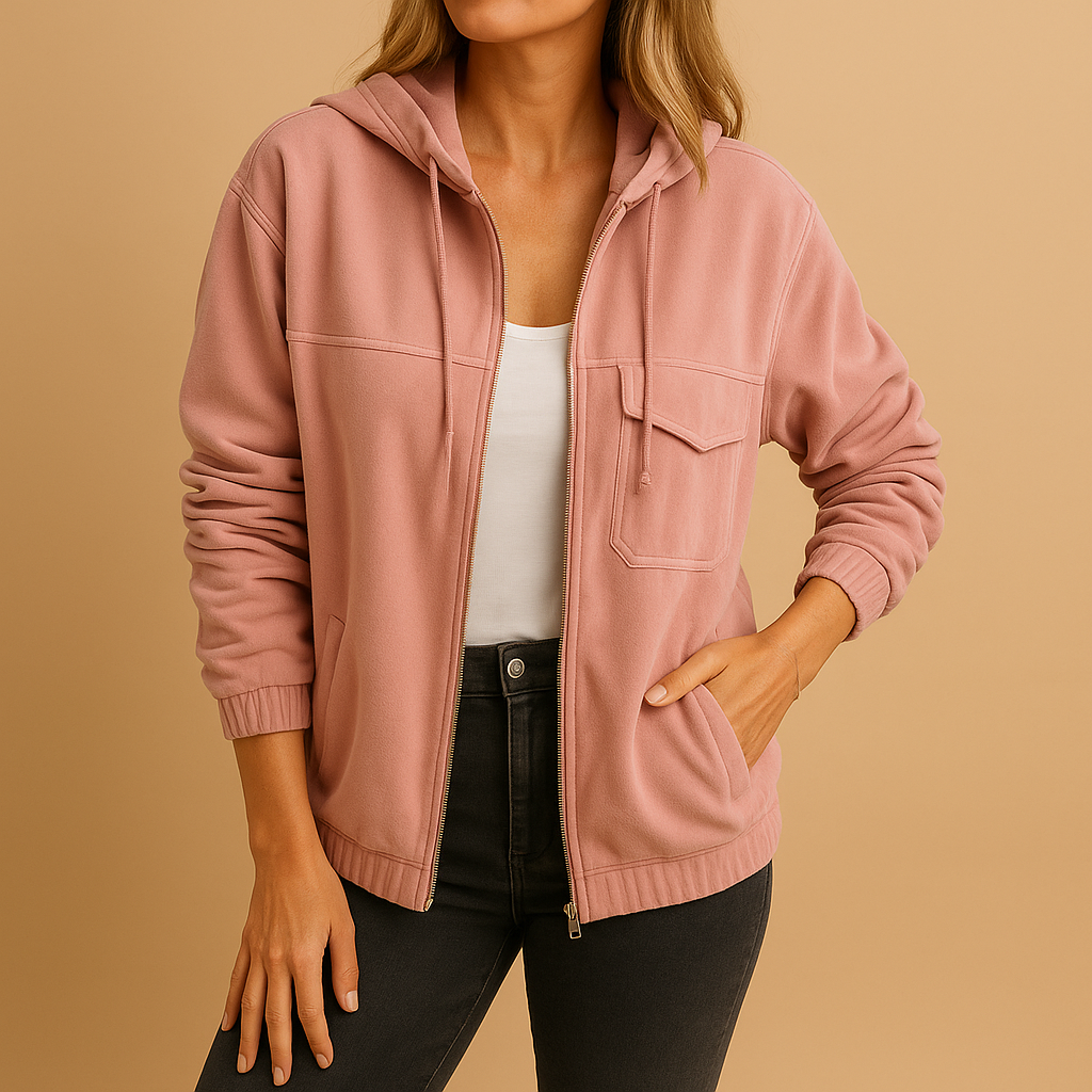 Women’s long-sleeve hooded zip-up jacket with breathable fabric and modern fit, ideal for daily wear and layering.