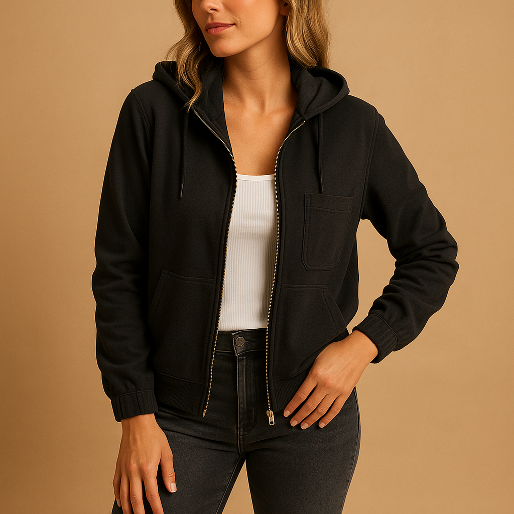 Women’s long-sleeve hooded zip-up jacket with breathable fabric and modern fit, ideal for daily wear and layering.