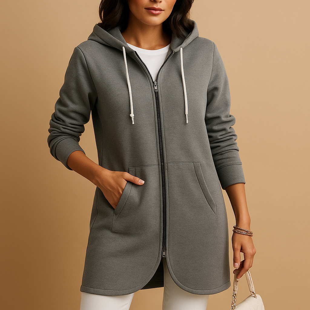 Women’s hooded zip-up sweatshirt jacket with relaxed fit, front pockets, and cozy hood for layering and casual wear.