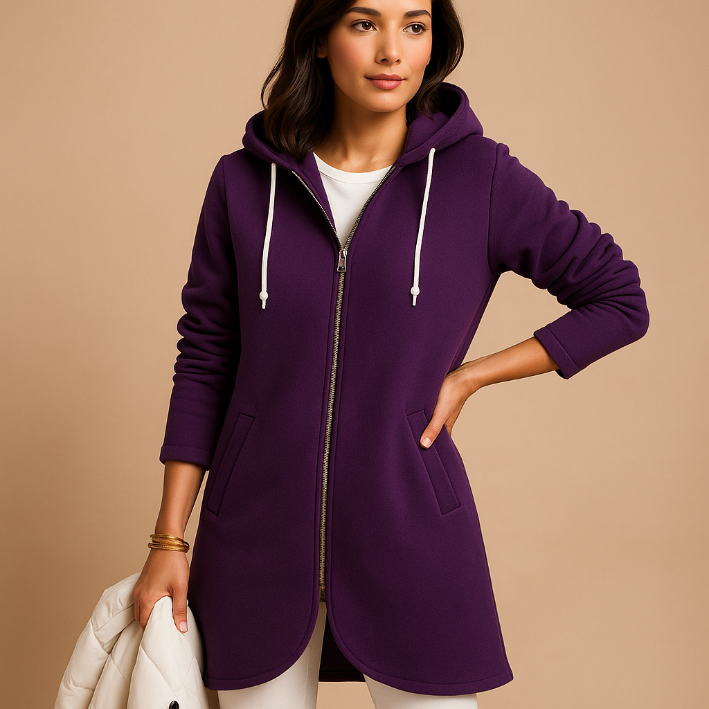 Women’s hooded zip-up sweatshirt jacket with relaxed fit, front pockets, and cozy hood for layering and casual wear.