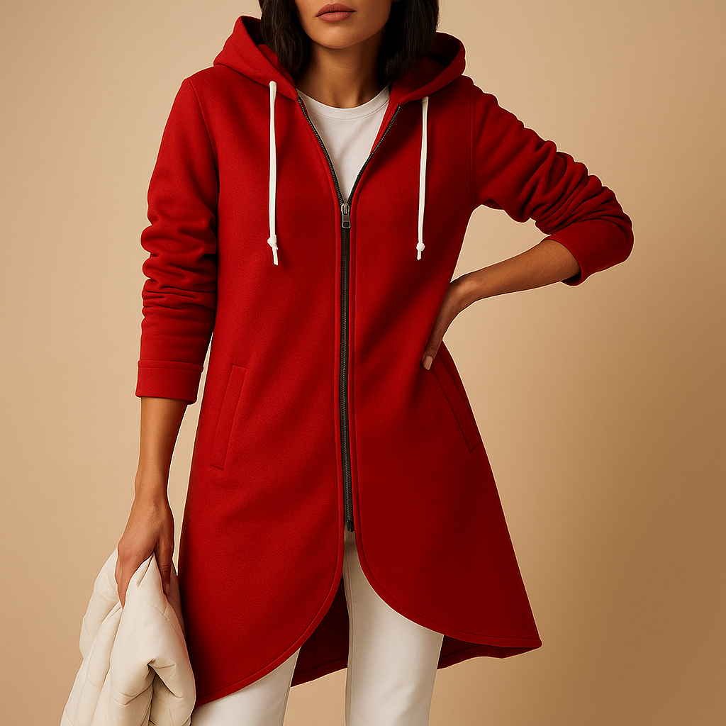 Women’s hooded zip-up sweatshirt jacket with relaxed fit, front pockets, and cozy hood for layering and casual wear.