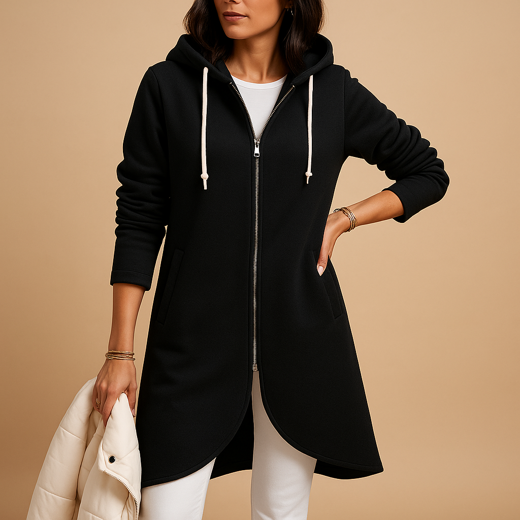 Women’s hooded zip-up sweatshirt jacket with relaxed fit, front pockets, and cozy hood for layering and casual wear.