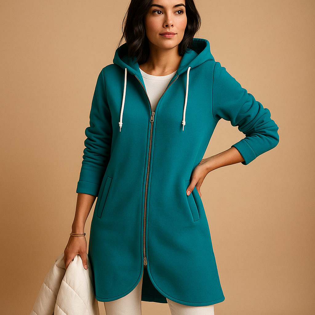 Women’s hooded zip-up sweatshirt jacket with relaxed fit, front pockets, and cozy hood for layering and casual wear.