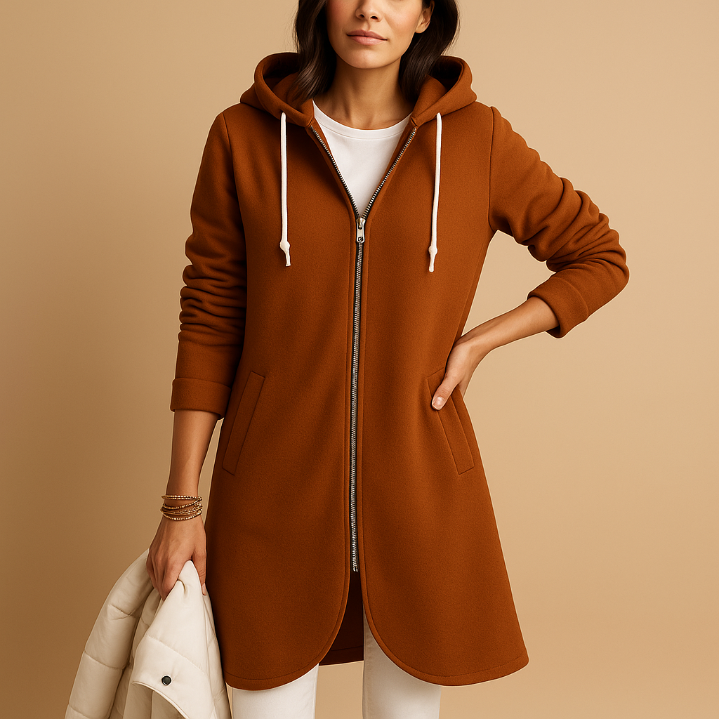 Women’s hooded zip-up sweatshirt jacket with relaxed fit, front pockets, and cozy hood for layering and casual wear.
