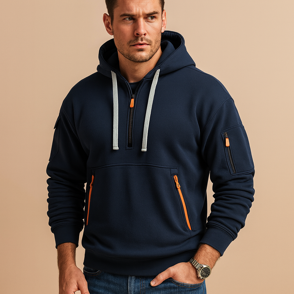 Men’s hoodie with hood in khaki, black, grey, and navy blue, modern fit for casual, sporty, and daily autumn or winter wear.