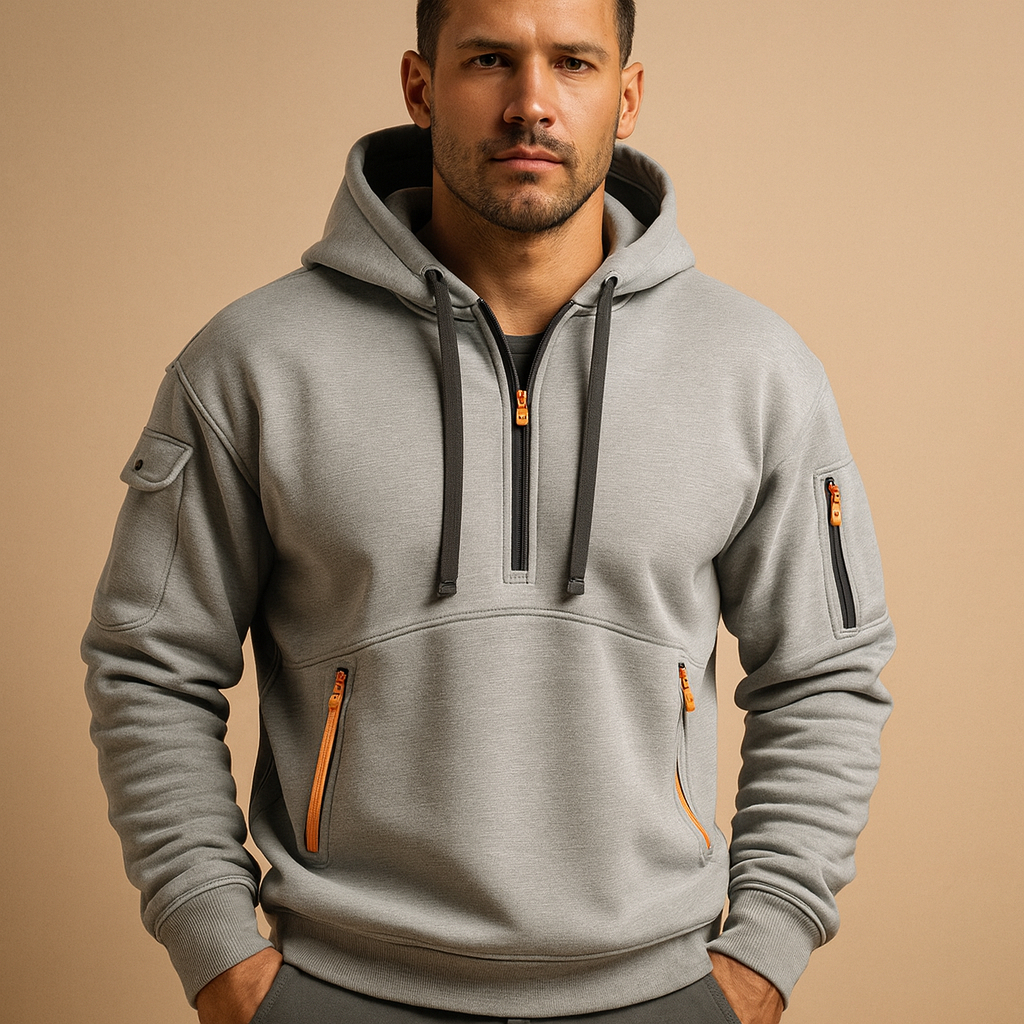 Men’s hoodie with hood in khaki, black, grey, and navy blue, modern fit for casual, sporty, and daily autumn or winter wear.