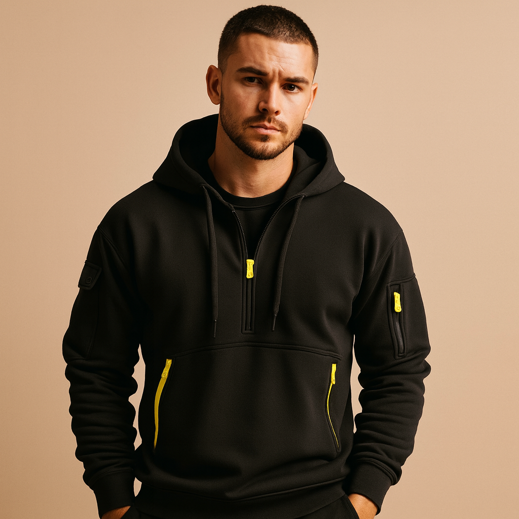 Men’s hoodie with hood in khaki, black, grey, and navy blue, modern fit for casual, sporty, and daily autumn or winter wear.