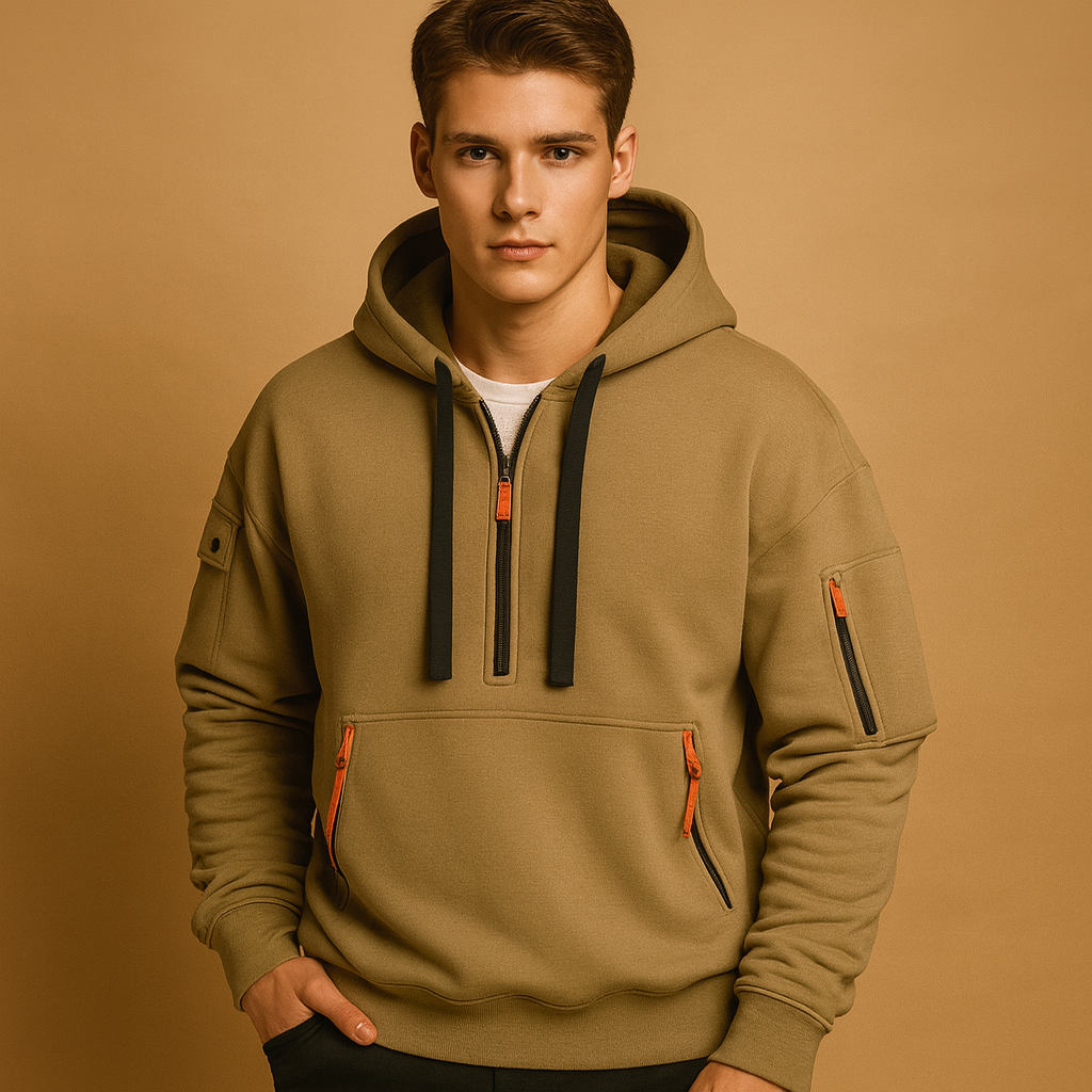 Men’s hoodie with hood in khaki, black, grey, and navy blue, modern fit for casual, sporty, and daily autumn or winter wear.