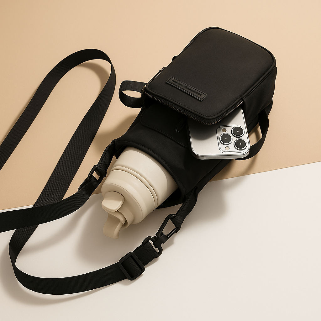 Women's insulated crossbody bottle bag with eco-friendly material, perfect for keeping drinks cool during outdoor adventures.