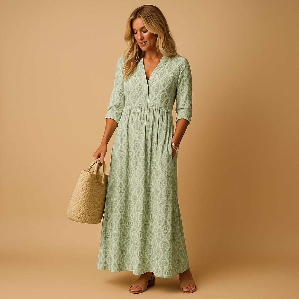 Knee-length summer dress for women with light and flowing fabric, perfect for spring walks, terrace evenings, and casual daytime wear.