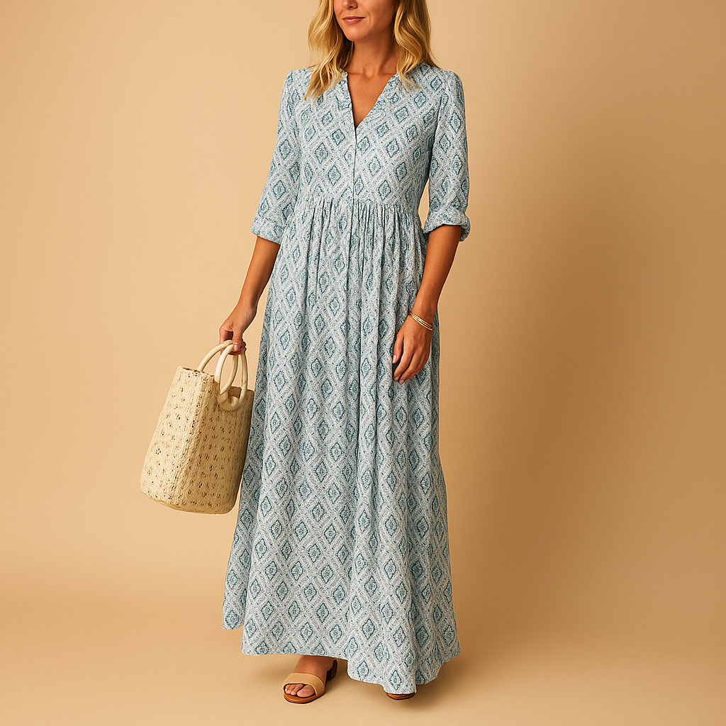 Knee-length summer dress for women with light and flowing fabric, perfect for spring walks, terrace evenings, and casual daytime wear.
