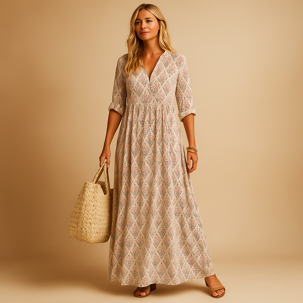 Knee-length summer dress for women with light and flowing fabric, perfect for spring walks, terrace evenings, and casual daytime wear.