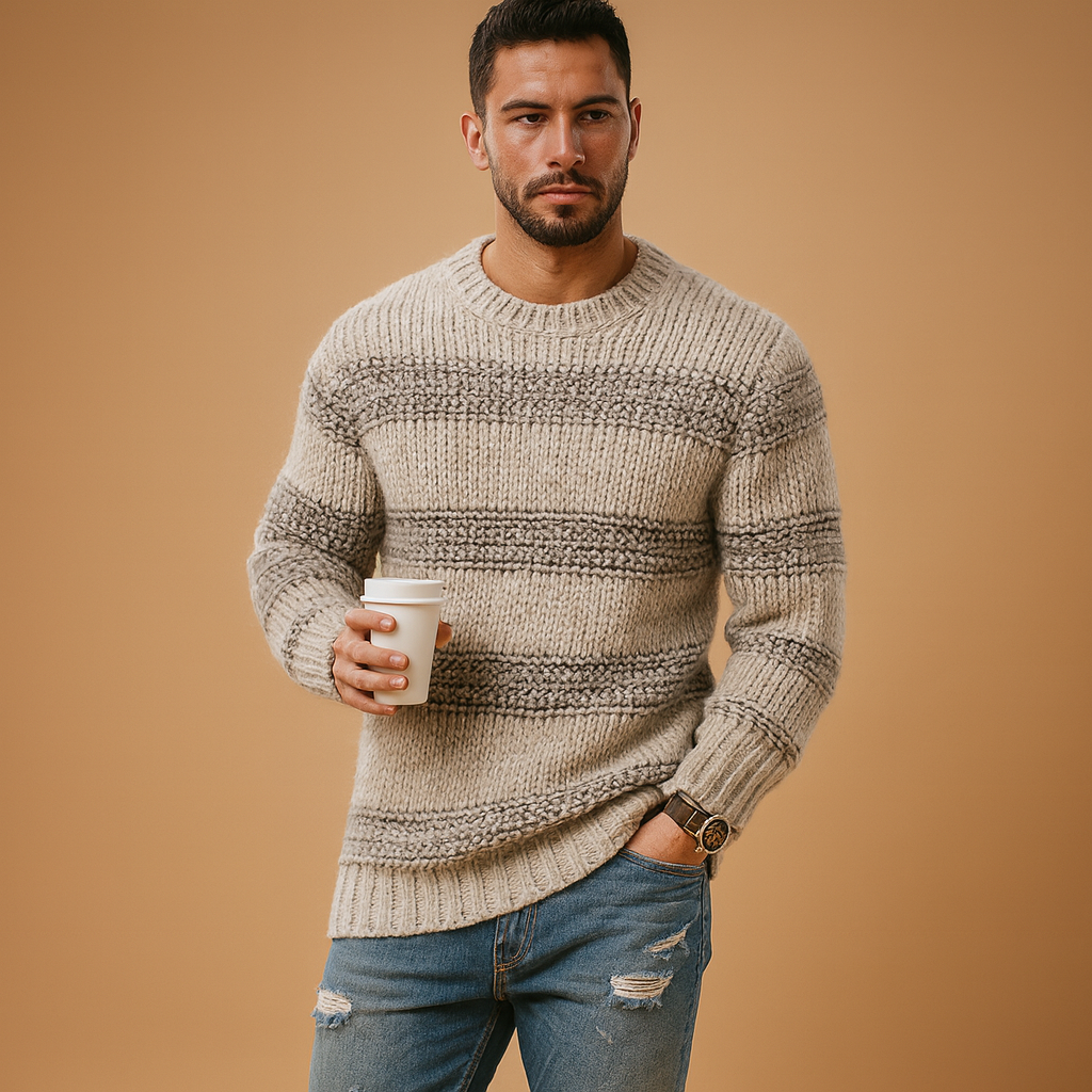 Classic men’s Norwegian sweater with knitted Nordic details, perfect for autumn and winter casual or formal wear.