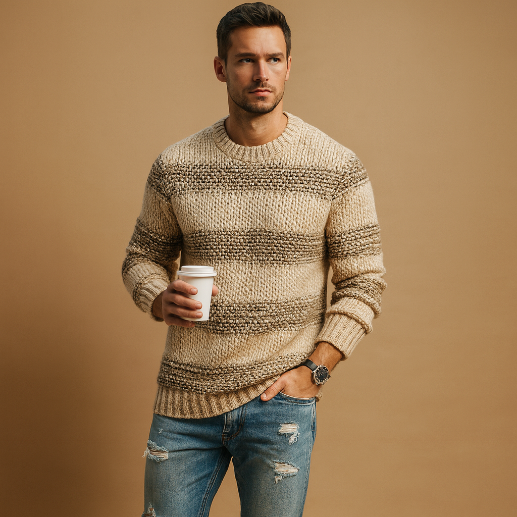 Classic men’s Norwegian sweater with knitted Nordic details, perfect for autumn and winter casual or formal wear.