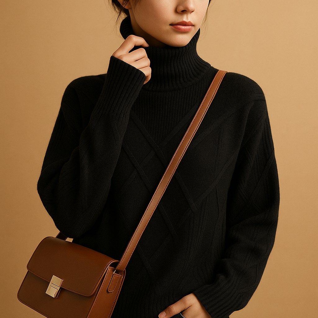 Women’s knitted turtleneck sweater in elegant design, ideal for everyday use and sustainably made for comfort and long-lasting style.