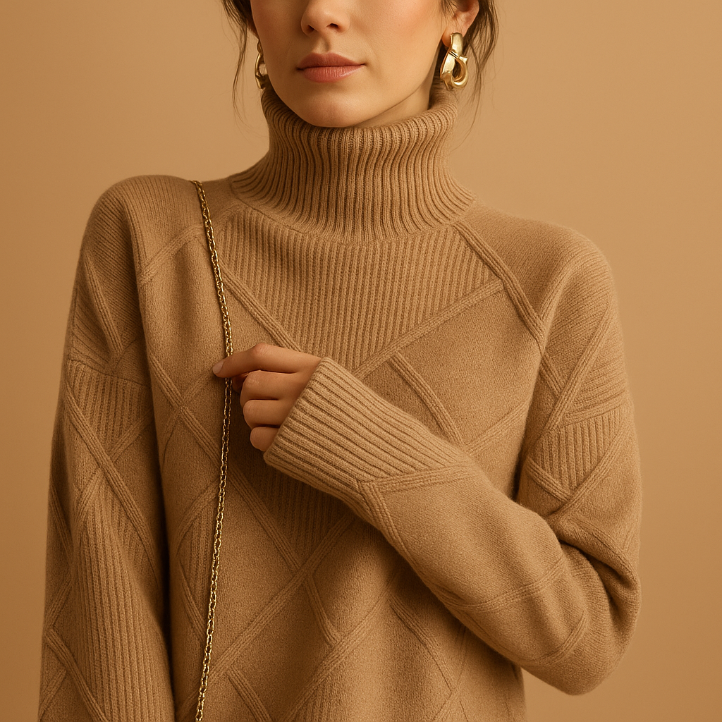 Women’s knitted turtleneck sweater in elegant design, ideal for everyday use and sustainably made for comfort and long-lasting style.