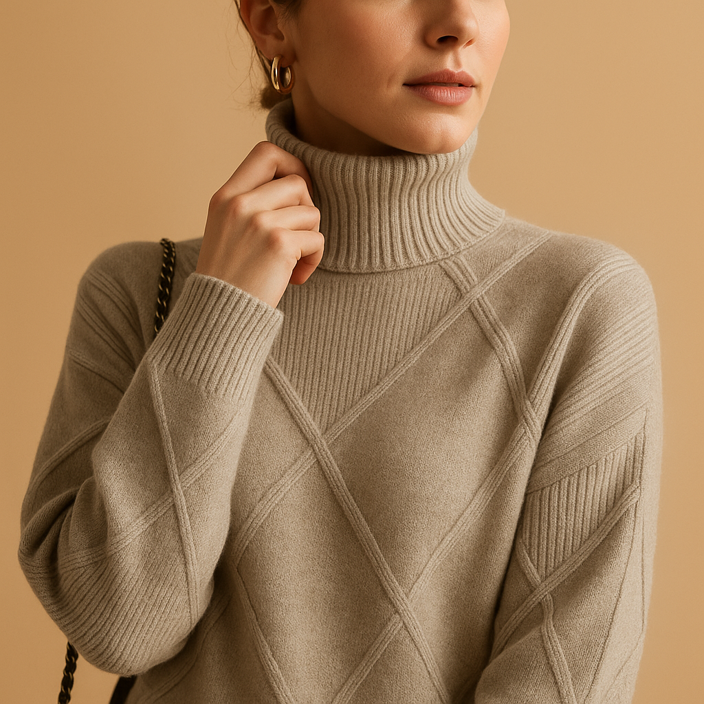 Women’s knitted turtleneck sweater in elegant design, ideal for everyday use and sustainably made for comfort and long-lasting style.