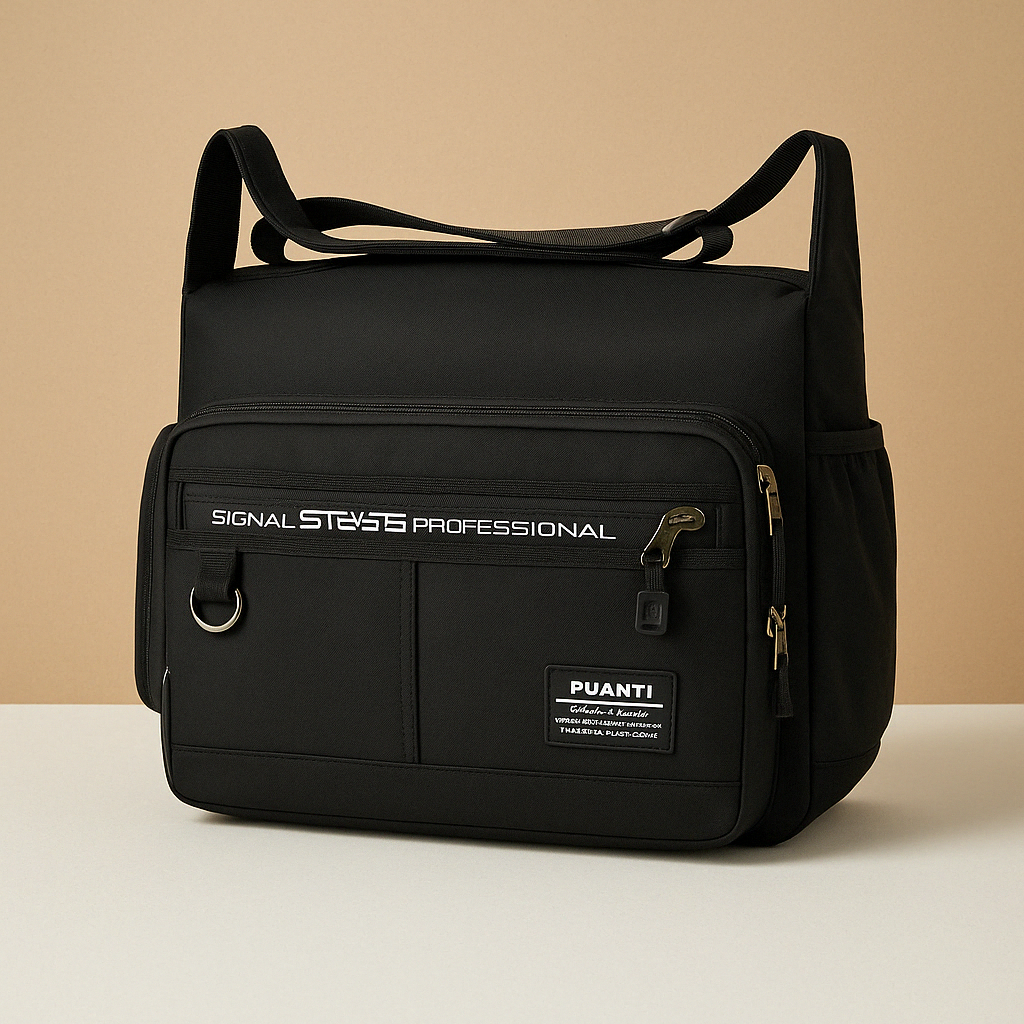 Men’s large anti-theft messenger bag with waterproof compartments, adjustable strap, and sleek black Oxford fabric for urban daily use