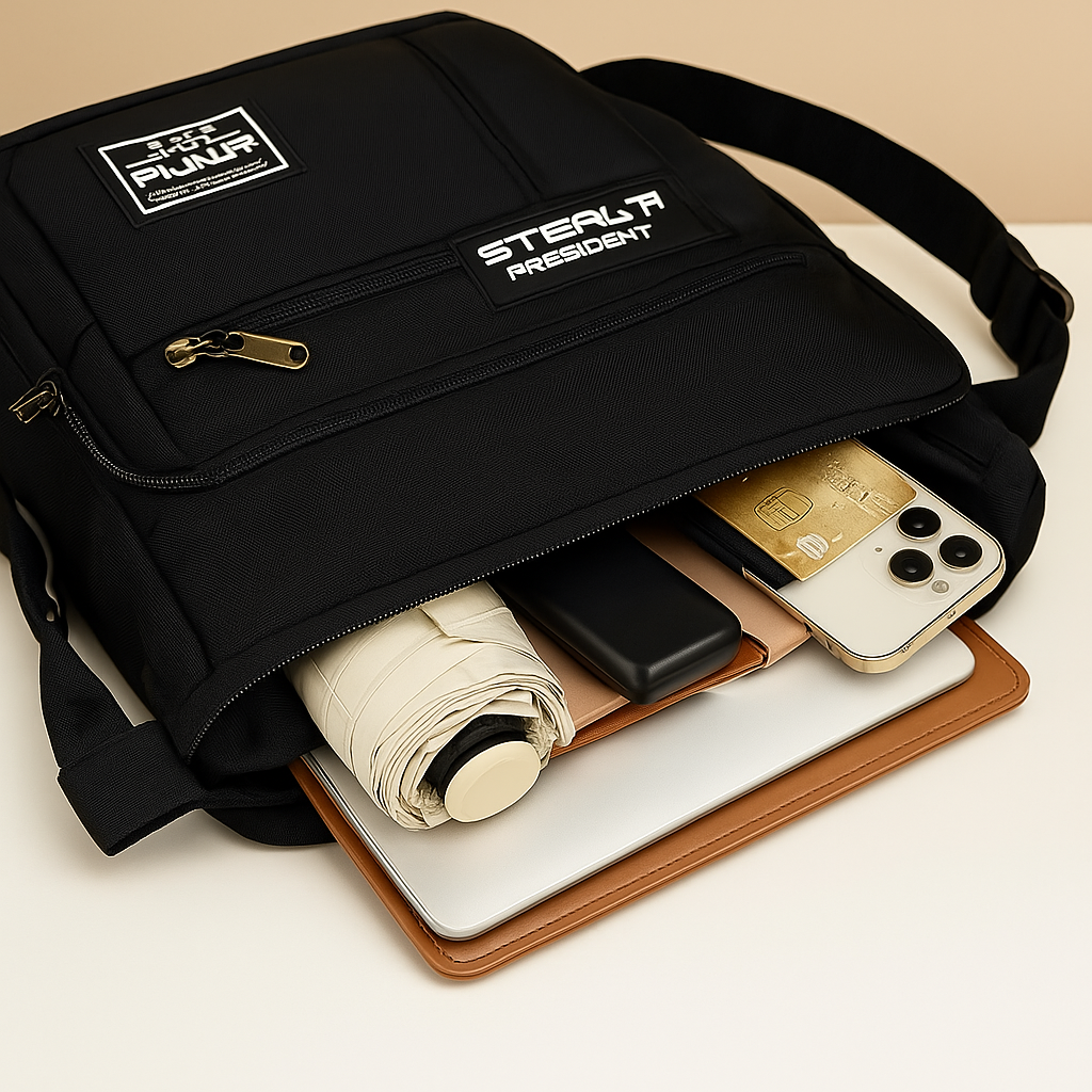Men’s large anti-theft messenger bag with waterproof compartments, adjustable strap, and sleek black Oxford fabric for urban daily use