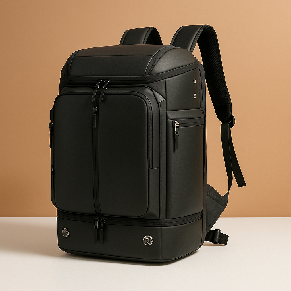 Large capacity hiking backpack for men featuring waterproof compartments, padded breathable straps, dedicated shoe compartment, and 45L spacious interior for outdoor adventures.