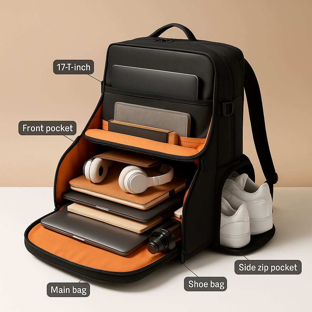 Large capacity hiking backpack for men featuring waterproof compartments, padded breathable straps, dedicated shoe compartment, and 45L spacious interior for outdoor adventures.