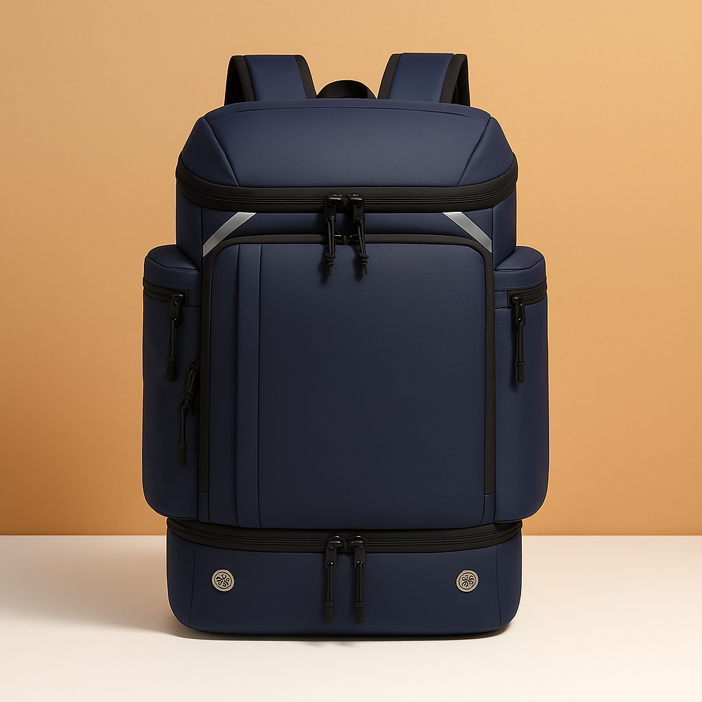 Large capacity hiking backpack for men featuring waterproof compartments, padded breathable straps, dedicated shoe compartment, and 45L spacious interior for outdoor adventures.