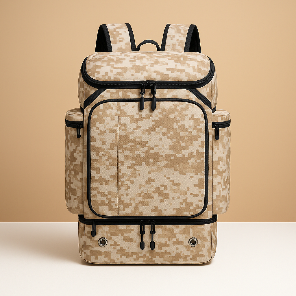 Large capacity hiking backpack for men featuring waterproof compartments, padded breathable straps, dedicated shoe compartment, and 45L spacious interior for outdoor adventures.