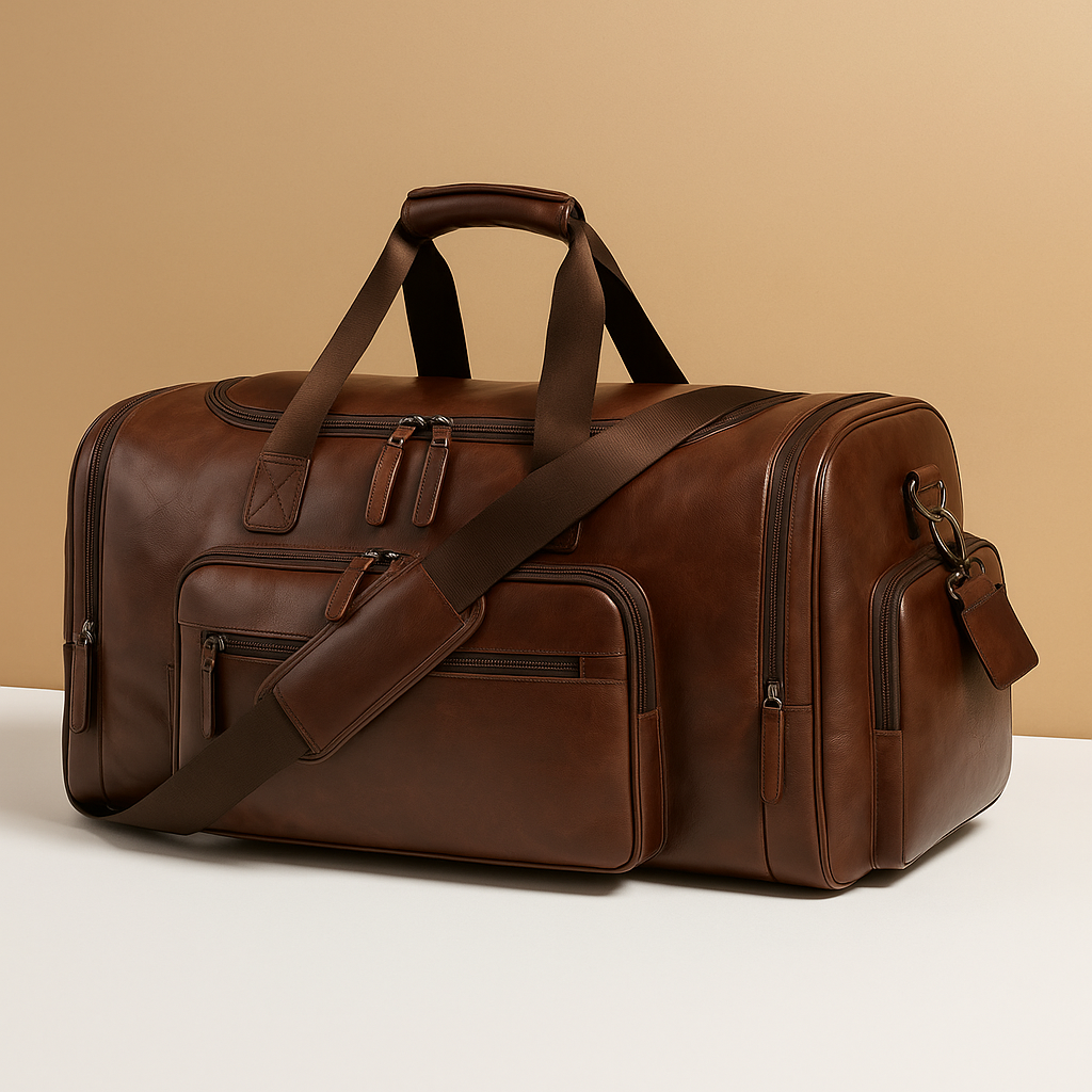Men’s leather duffle bag with compartments, water-resistant finish, padded strap, and sleek design for travel and work.