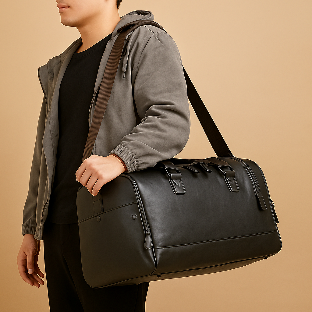 Men’s leather duffle bag with compartments, water-resistant finish, padded strap, and sleek design for travel and work.