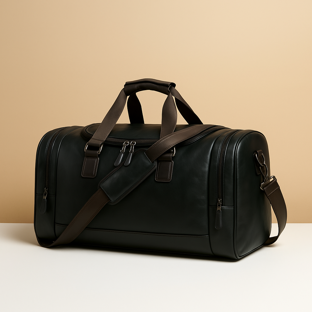 Men’s leather duffle bag with compartments, water-resistant finish, padded strap, and sleek design for travel and work.