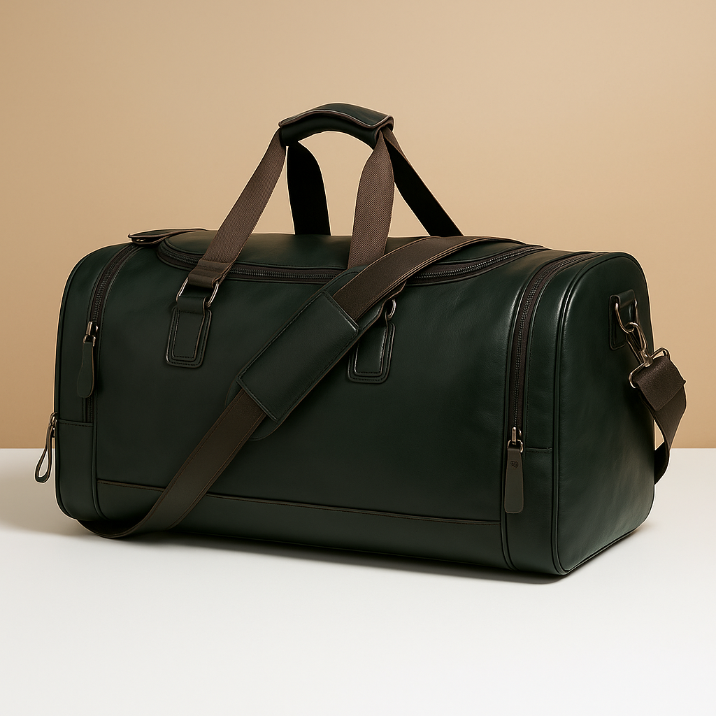 Men’s leather duffle bag with compartments, water-resistant finish, padded strap, and sleek design for travel and work.