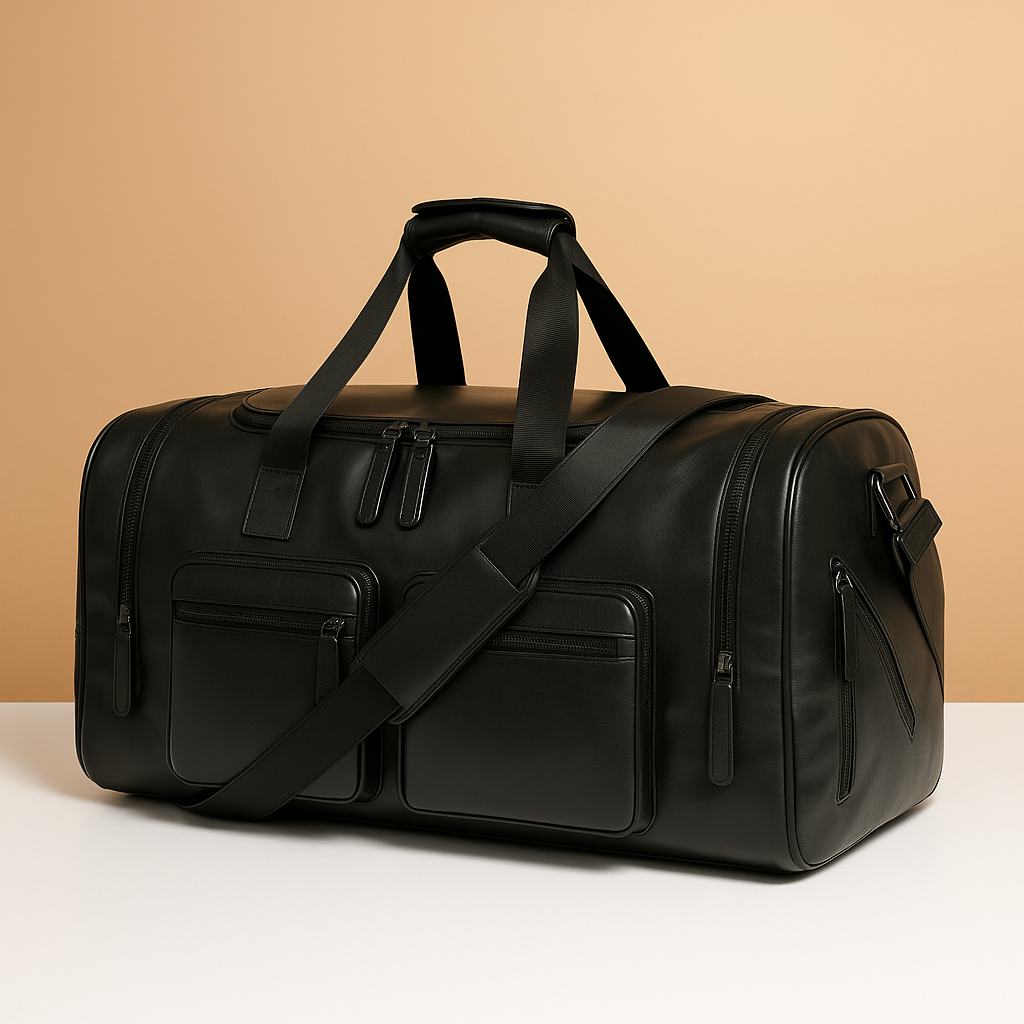 Men’s leather duffle bag with compartments, water-resistant finish, padded strap, and sleek design for travel and work.