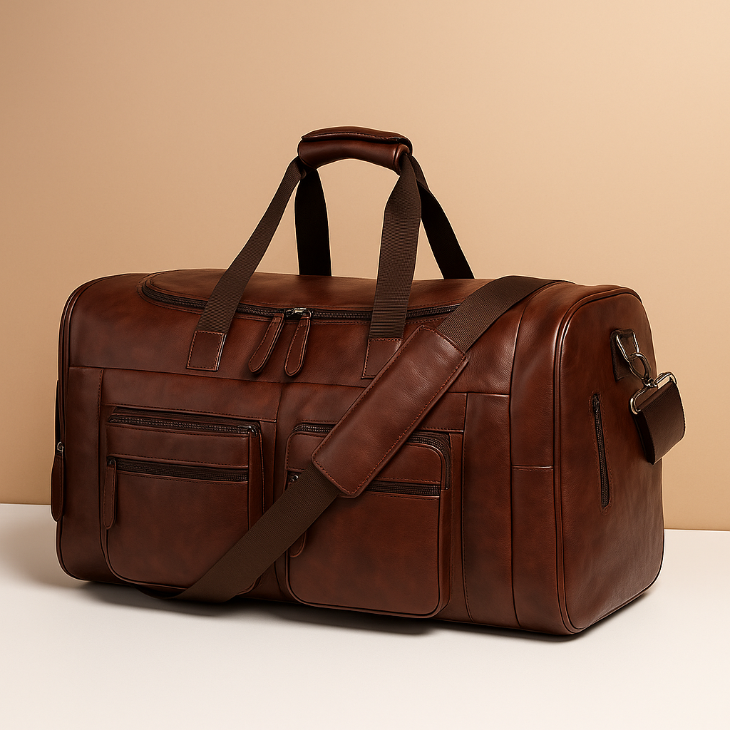 Men’s leather duffle bag with compartments, water-resistant finish, padded strap, and sleek design for travel and work.