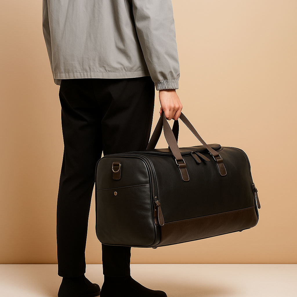 Men’s leather duffle bag with compartments, water-resistant finish, padded strap, and sleek design for travel and work.