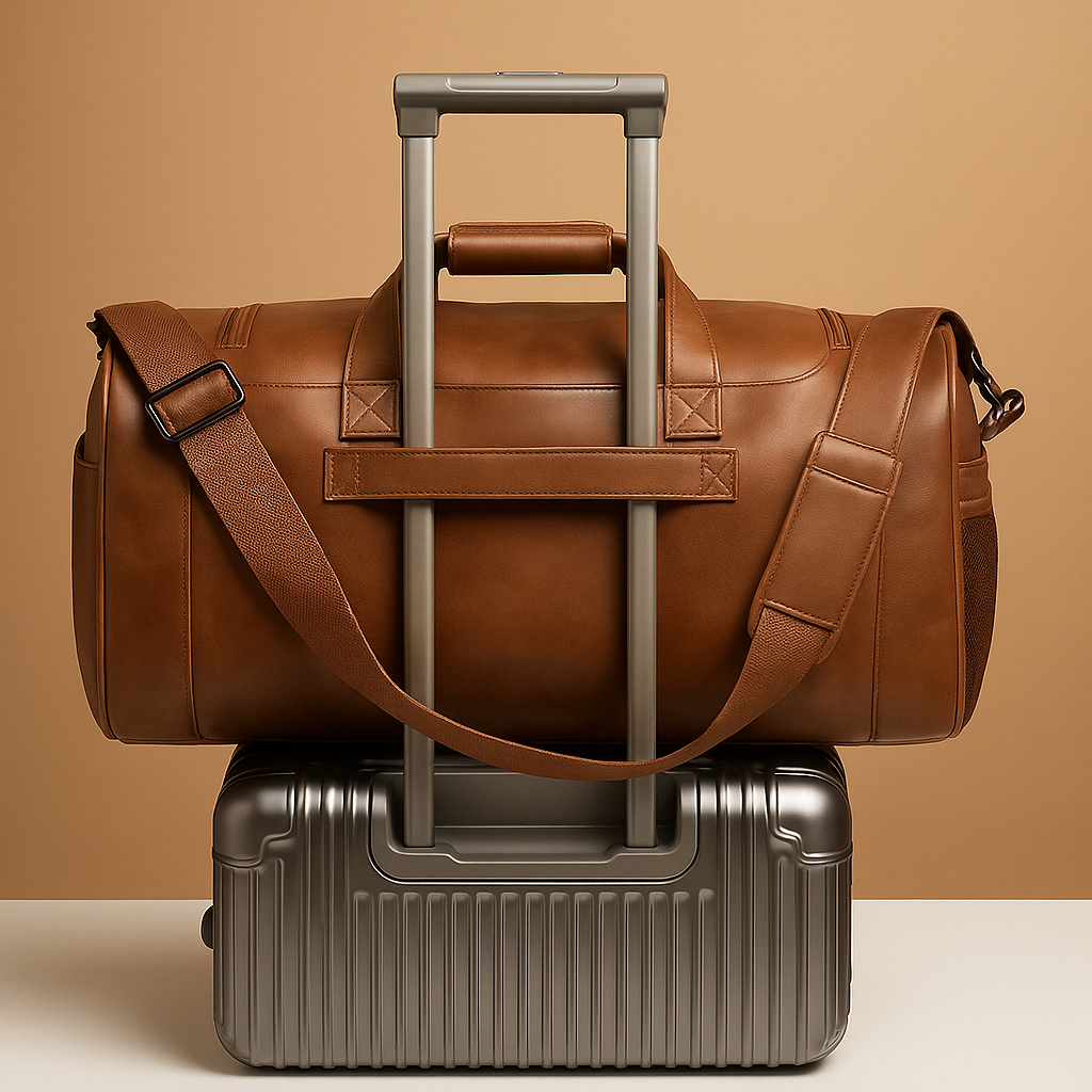Men’s leather travel duffle bag with separate shoe compartment, multiple zip pockets, and TSA-compliant size for stylish and organised travel.