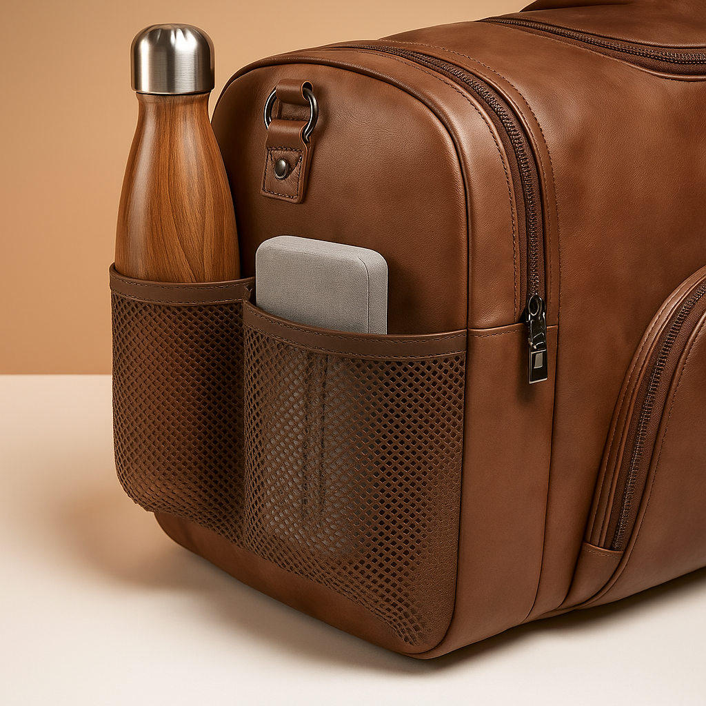 Men’s leather travel duffle bag with separate shoe compartment, multiple zip pockets, and TSA-compliant size for stylish and organised travel.