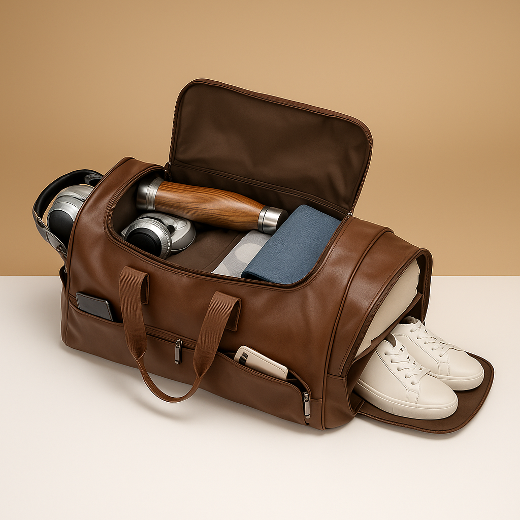 Men’s leather travel duffle bag with separate shoe compartment, multiple zip pockets, and TSA-compliant size for stylish and organised travel.