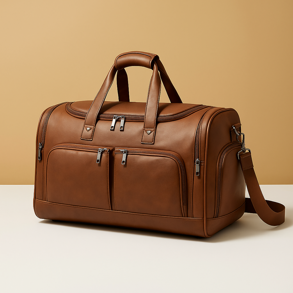 Men’s leather travel duffle bag with separate shoe compartment, multiple zip pockets, and TSA-compliant size for stylish and organised travel.