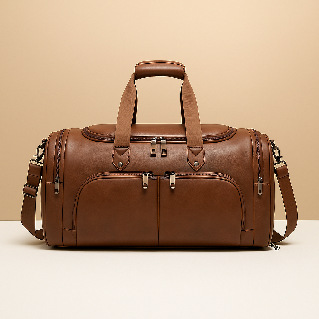 Men’s leather travel duffle bag with separate shoe compartment, multiple zip pockets, and TSA-compliant size for stylish and organised travel.