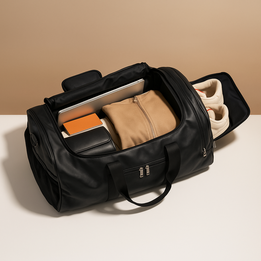 Men’s leather travel duffle bag with separate shoe compartment, multiple zip pockets, and TSA-compliant size for stylish and organised travel.