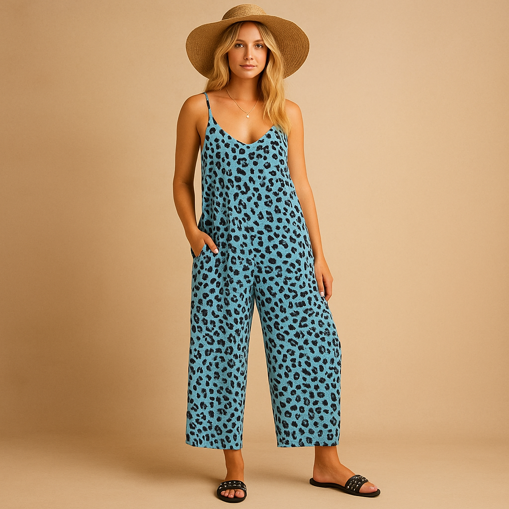 Leopard print halter-neck jumpsuit for women in blue, khaki, and coffee, designed for summer outings with an airy, flattering fit.