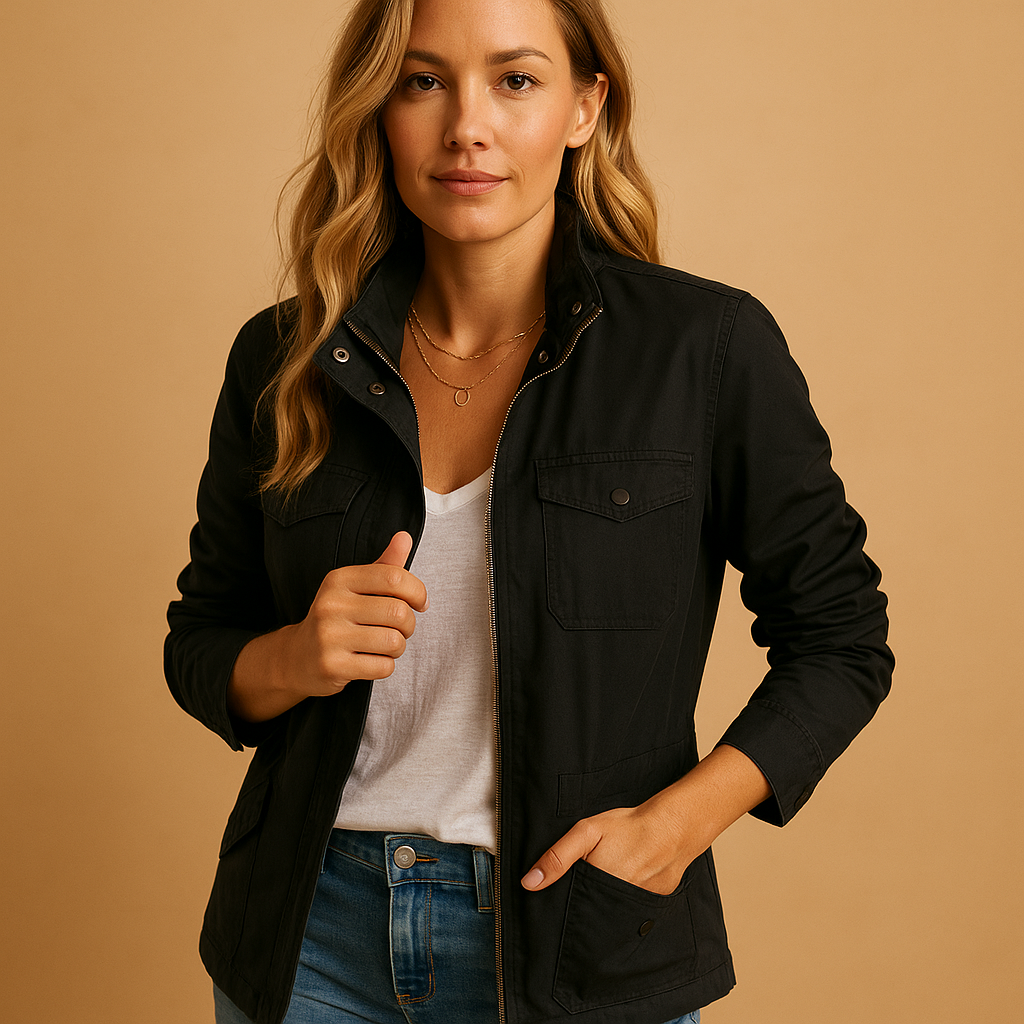 Modern lightweight women’s jacket with zipper and slim fit, perfect for casual wear and layering year-round.