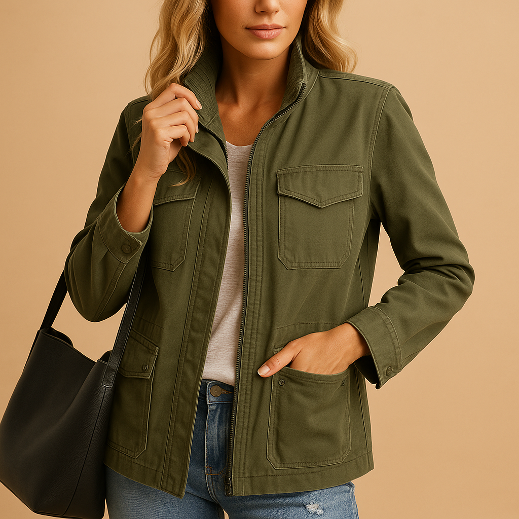 Modern lightweight women’s jacket with zipper and slim fit, perfect for casual wear and layering year-round.